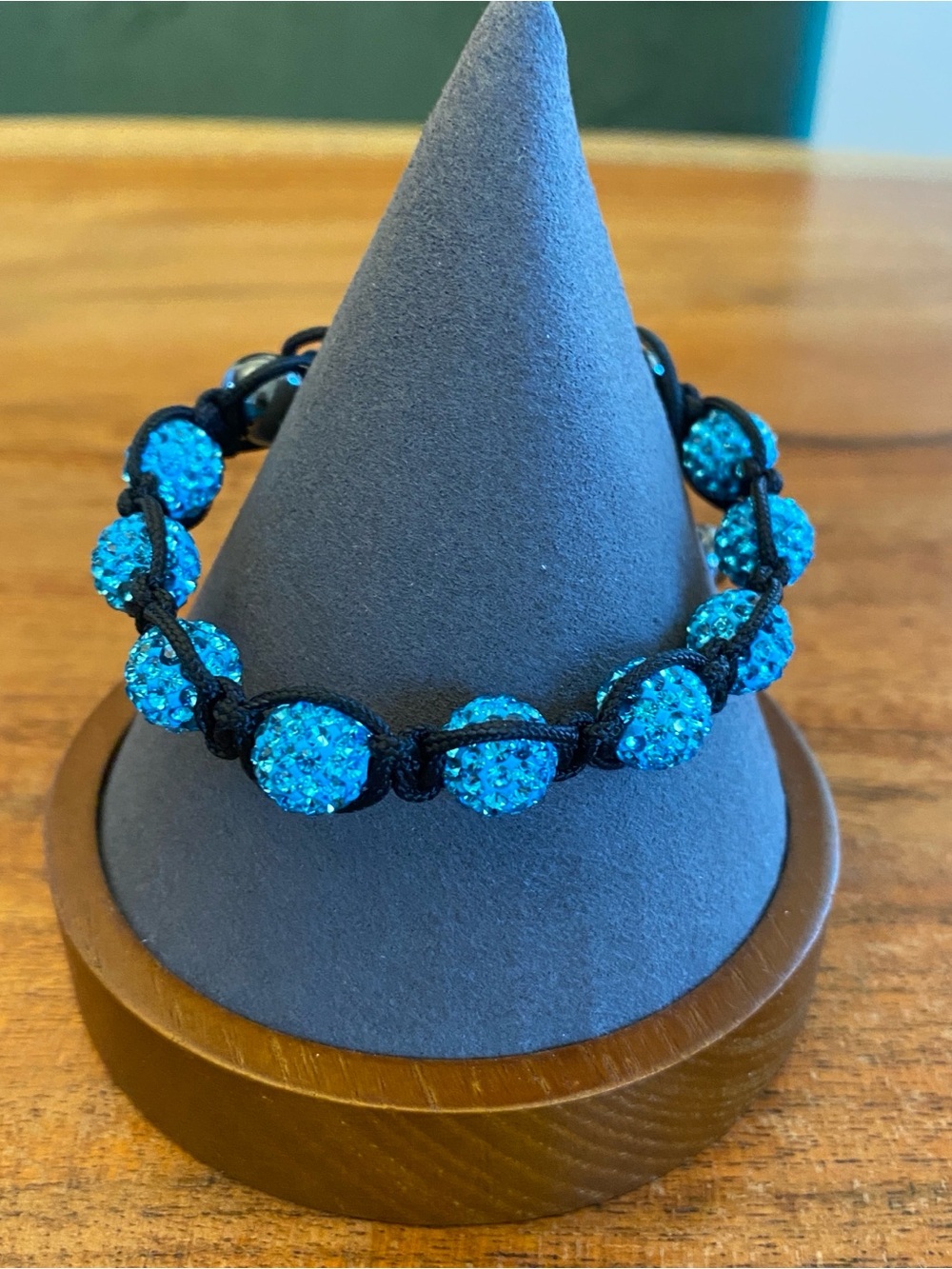 Blue Pave Bead Bracelet with Adjustable Silk Black Cord